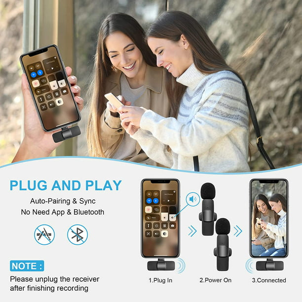 Micrófono inalámbrico Lavalier para iPhone/teléfonos Android, cámara, PC,  micrófono inalámbrico dual Plug-Play para grabación de video, ,  Vlog