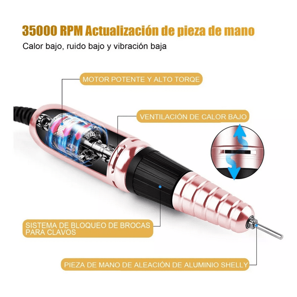 Pulidor Esmeril Drill Para Uñas Profesional Con pedal 35000rpm Rosa  Malubero Kit de Manicure