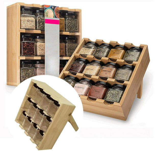 Un estante de especias de madera que incluye un estante de