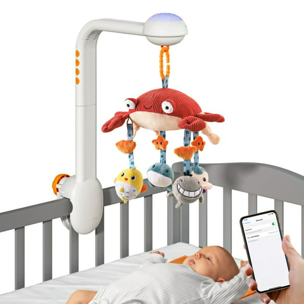 Móvil de cuna Cangrejo multifuncional Baby Juguete móvil Proyector estrellado Luz con 360 ° Giratorio Lindo Dibujos animados Colgando Sonajeros para bebés recién nacidos Meterk Móvil de cuna