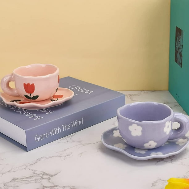 Taza de café de cerámica con platillo, apta para lavavajillas y microondas,  6 oz/180 ml para leche de té con leche (tulipanes rosados)