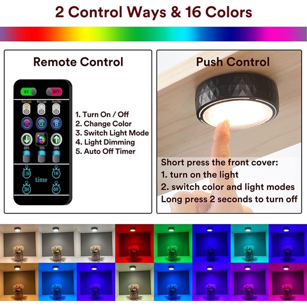 Juego de 2 luces nocturnas negras con pilas, lámpara LED inalámbrica RGBW,  foco LED, luz de gabinete para armario/estante de armario/entrada/cocina/pasaje  brillar Electrónica