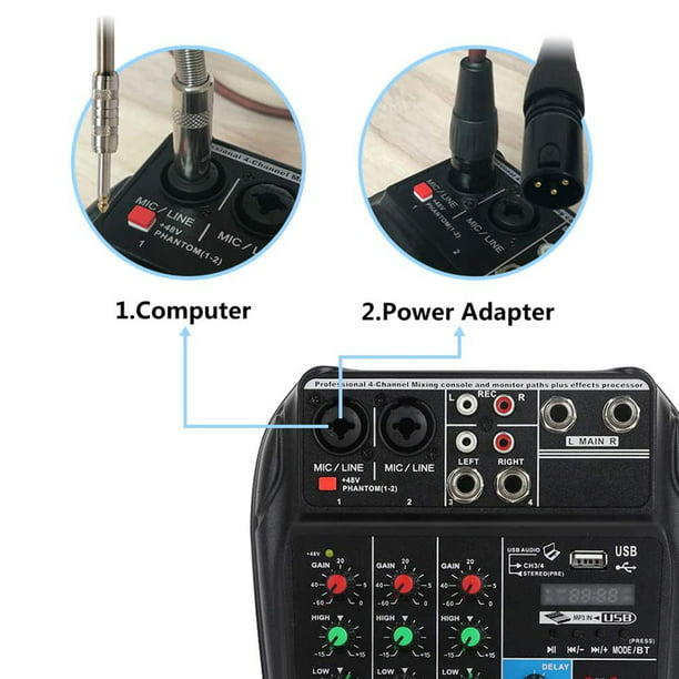  Mezclador de audio de 4 canales de ultra bajo ruido - Mezclador  de línea de consola de mezcla de sonido con tarjeta de sonido y  alimentación Phantom de 48 V incorporada