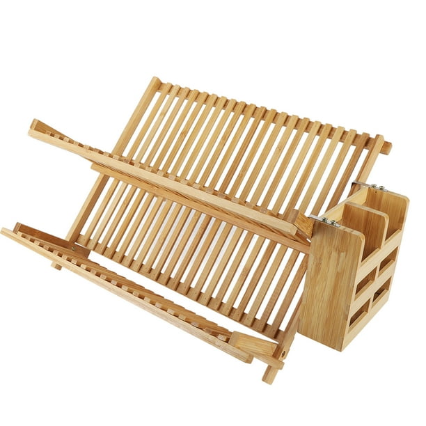 Escurridor de platos de bambú, escurridor de platos de madera plegable  grande de 3 niveles con soporte para utensilios y escurridor de platos