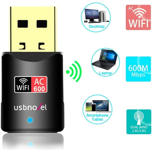 Adaptador WiFi USB AC 600Mbps para PC - Adaptador de red inalámbrico con  banda dual de 2,4 GHz, antena de alta ganancia de 5 GHz WiFi USB, Dongle WiFi  para computadora portátil