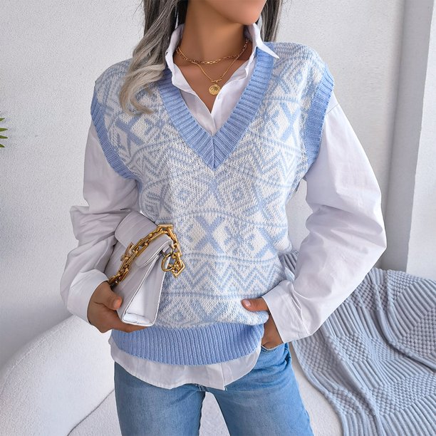 Suéter Jersey básico para mujer, manga larga, patrón de copos de nieve,  traje de vacaciones (azul marino S) Ygjytge Azul marino T S para Mujer