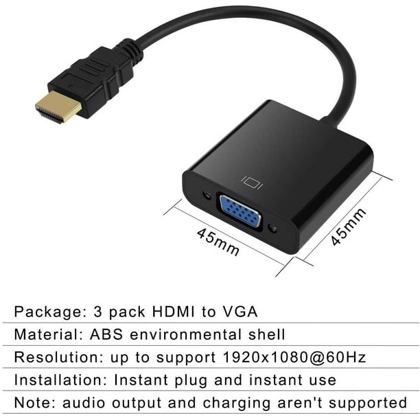 Adaptador HDMI a VGA, cable chapado en oro 1080P para computadora,  computadora de escritorio, laptop, PC, monitor, proyector, HDTV,  Chromebook