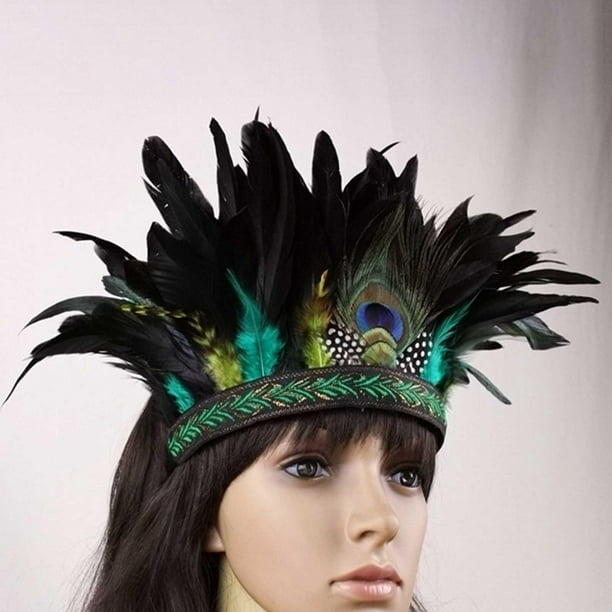 Accesorios de disfraces de de estilo nacional de plumas, indio de corona  para carnaval, fi Halloween, de danza , Adultos Verde Macarena Cintas para  el pelo