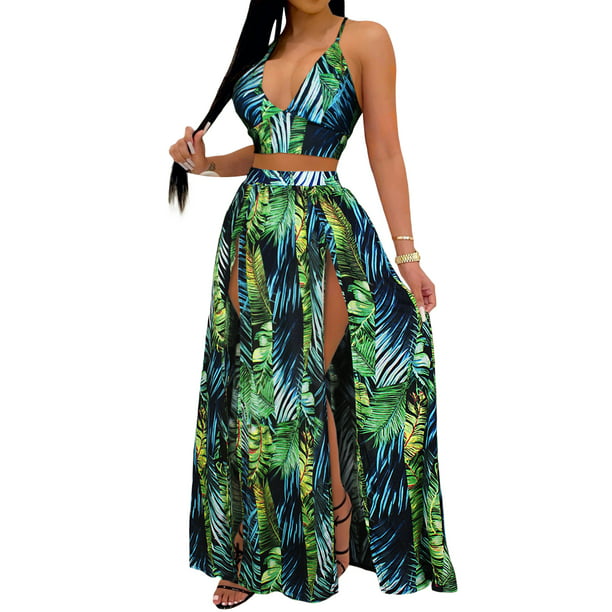 Lucakuins, conjunto de ropa de playa de verano para mujer, 2 uds., sin  mangas, cuello en V, Tops cortos + falda larga dividida con estampado de  hojas