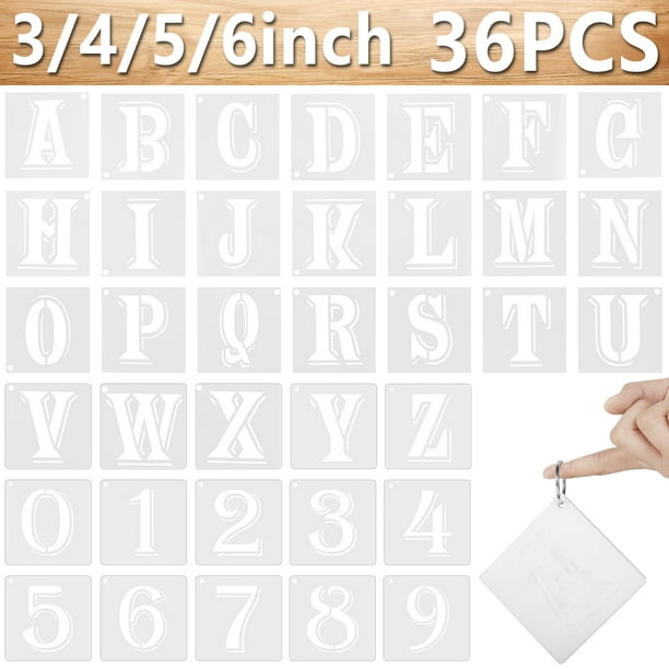 Plantillas de letras del alfabeto de 5 pulgadas, 36 plantillas  reutilizables de letras y números, plantillas de plástico del alfabeto,  plantillas de