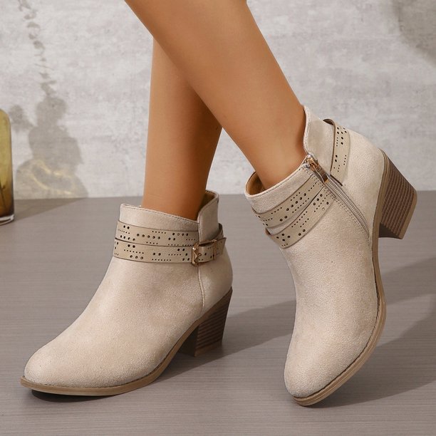 NECHOLOGY Botas Mujer Adulto Femenino Zapatos Botines mujer Mujer Nuevo Cl sico S lido Moda Hebilla Tac n grueso Tac n medio Botas tobilleras White