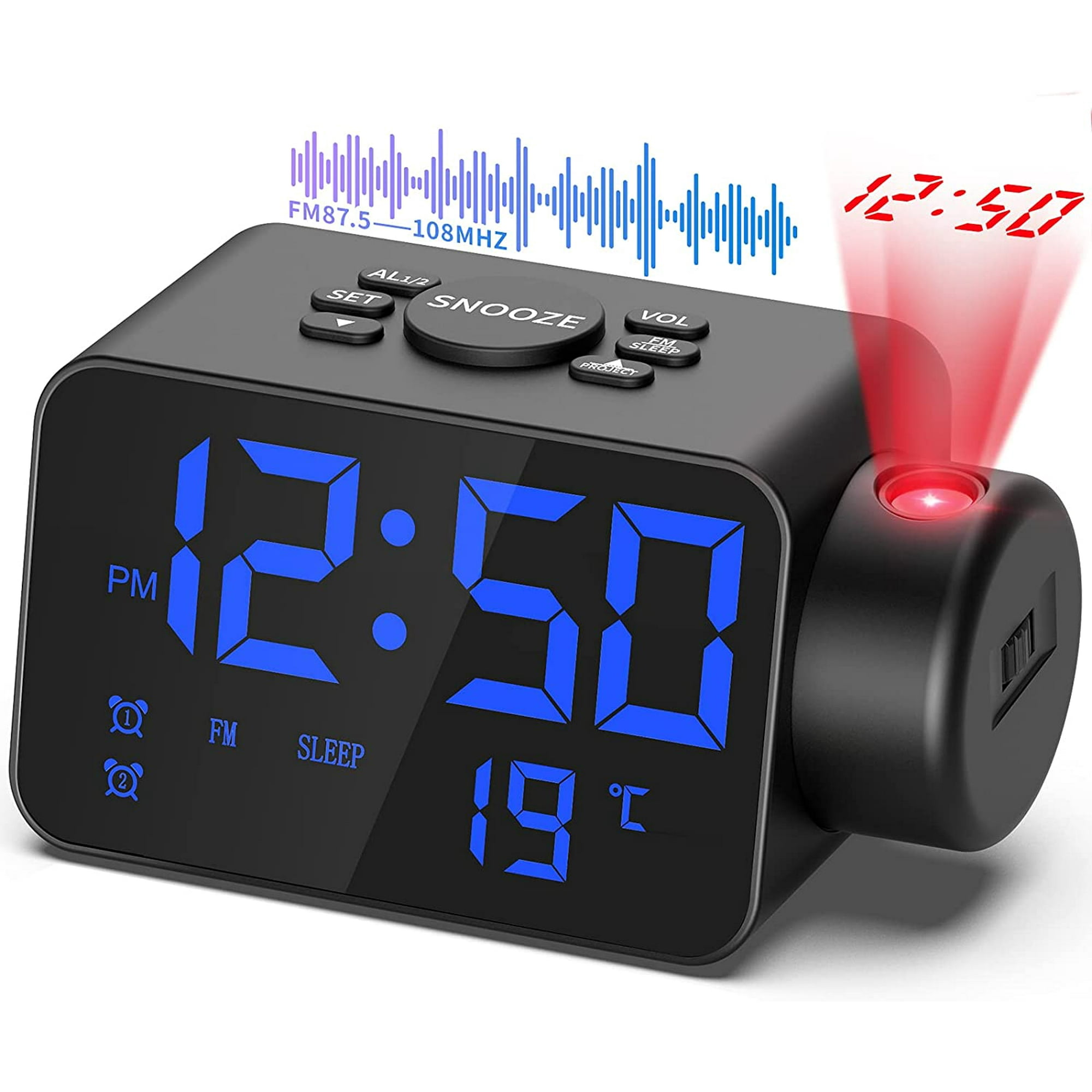 Radio reloj de proyección de techo, reloj despertador FM con proyector de  techo, pantalla de temperatura, puerto de carga USB, reloj despertador  dual, esfera negra A