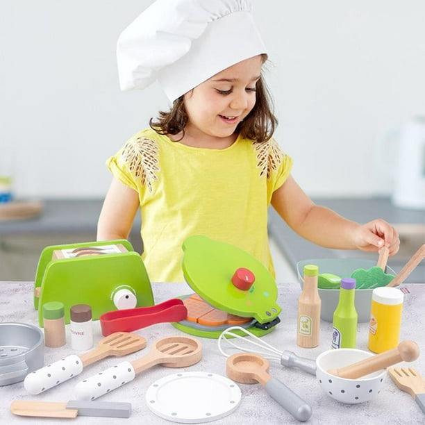  Juguetes de cocina para niños, juego de cocina con utensilios  de cocina de acero inoxidable, utensilios de cocina, delantal, sombrero de  chef y corte de verduras, juego de cocina, niños y