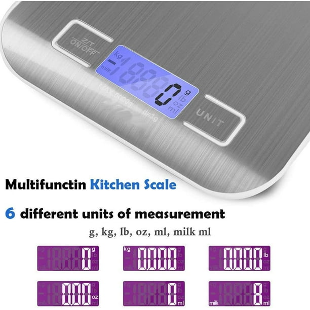 Balanza de cocina con carga USB Recargable 5kg/1g libra peso cocina digital  acero inoxidable balanza de alimentos con LCD función de tara (Silver)  Xishao Menaje de cocina