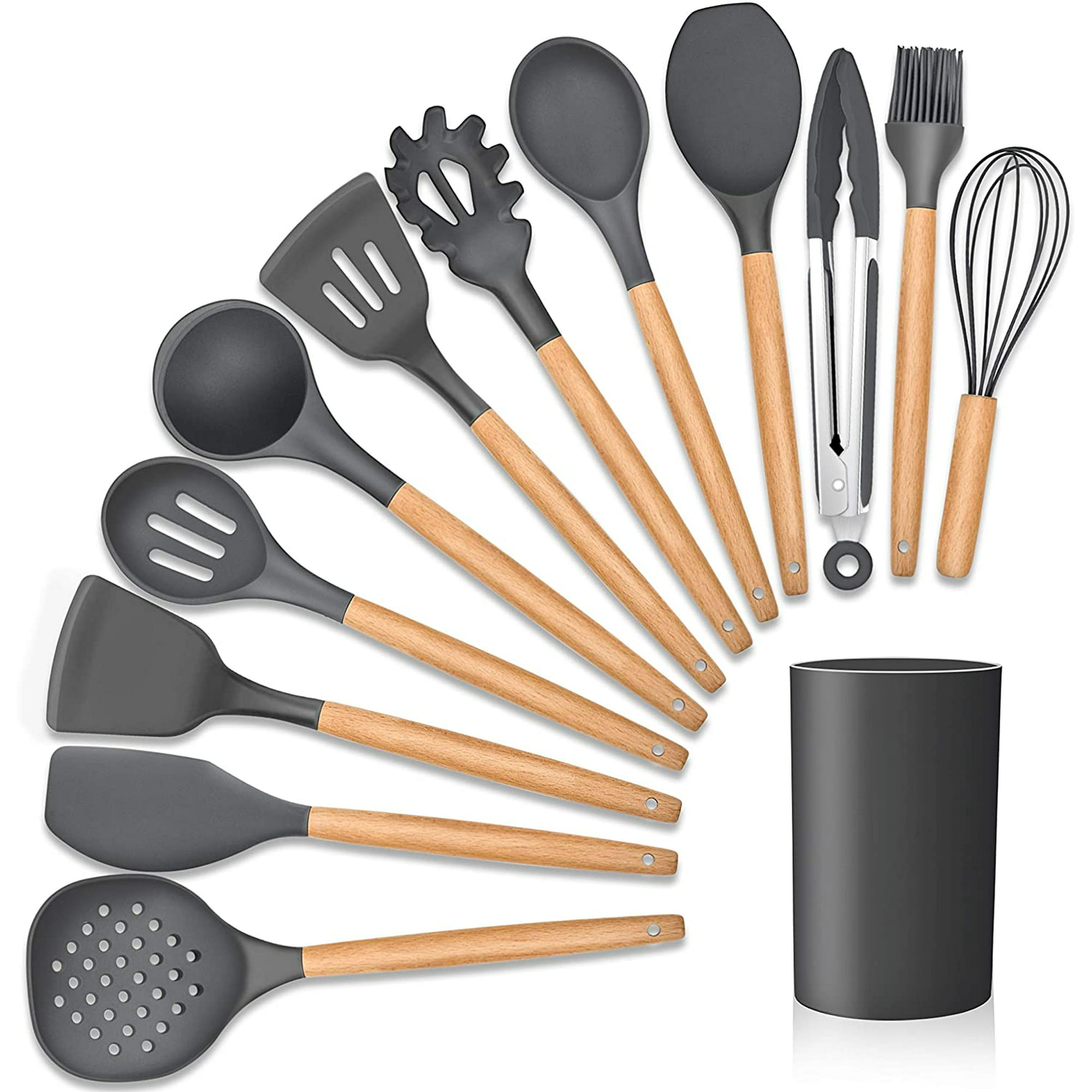Kikcoin - Juego de 23 utensilios de cocina de silicona, mango de madera,  con soporte, espátulas de s…Ver más Kikcoin - Juego de 23 utensilios de