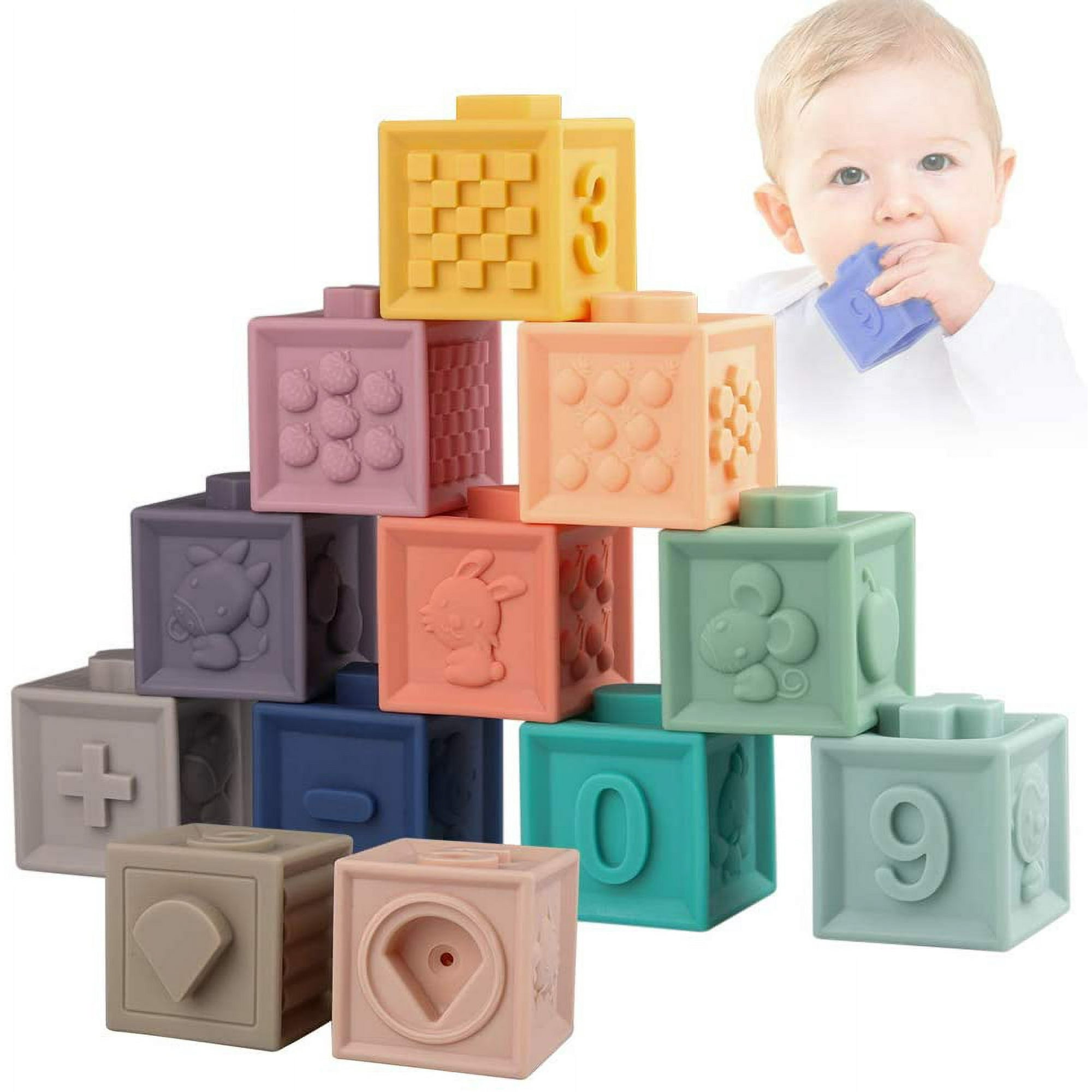 Montessori - Juguetes para bebés de 6 a 18 meses, mordedor, bloques  apilables, formas sensoriales y cubo de almacenamiento, diversión para el  baño