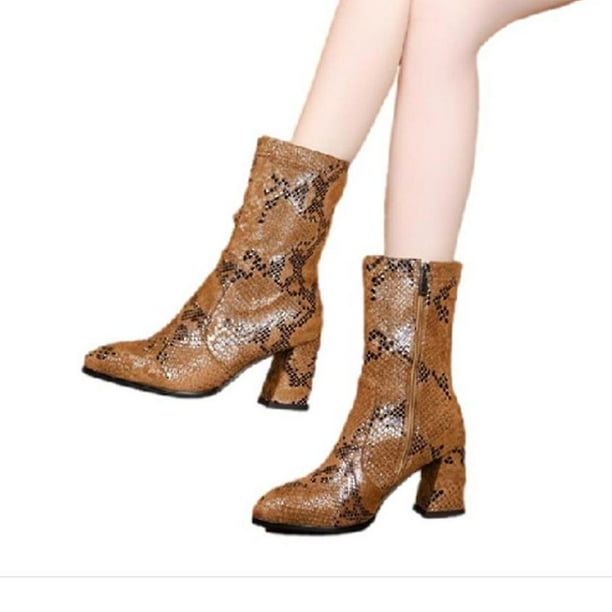 Botas de de media pantorrilla para mujer Botines de serpentina Zapatos de bloque LingWen | Walmart en línea