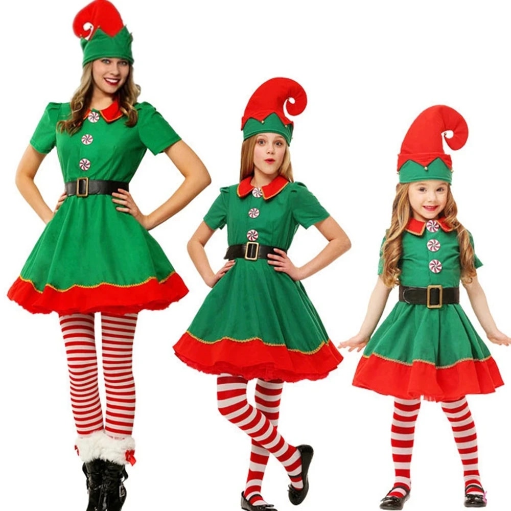 2024 Christmas Elf Costume Girls Xmas Santa Claus Green Elf Dress For Kids Adults Family 