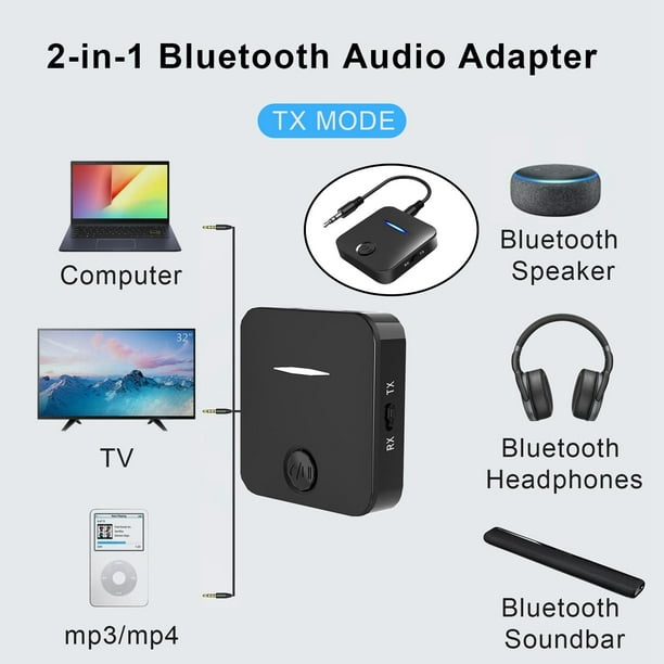 Transmisor y receptor Bluetooth 5.0, adaptador Bluetooth inalámbrico 3 en  1, adaptador de audio Bluetooth de 3,5 mm para TV, PC, auriculares,  altavoces (negro)