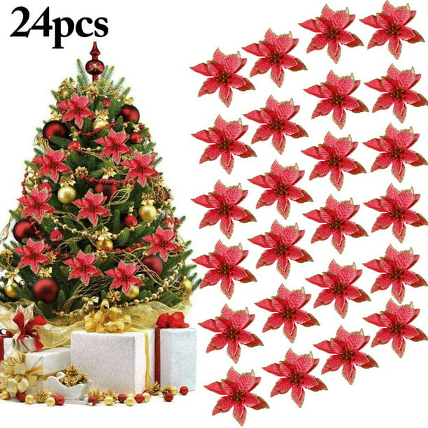Decoraciones para árboles de Navidad, 24 piezas Juego de decoraciones para  árboles de Navidad Brillo de Navidad Faux Flores de Navidad para bodas  Decoraciones navideñas Zhivalor QH-341-1