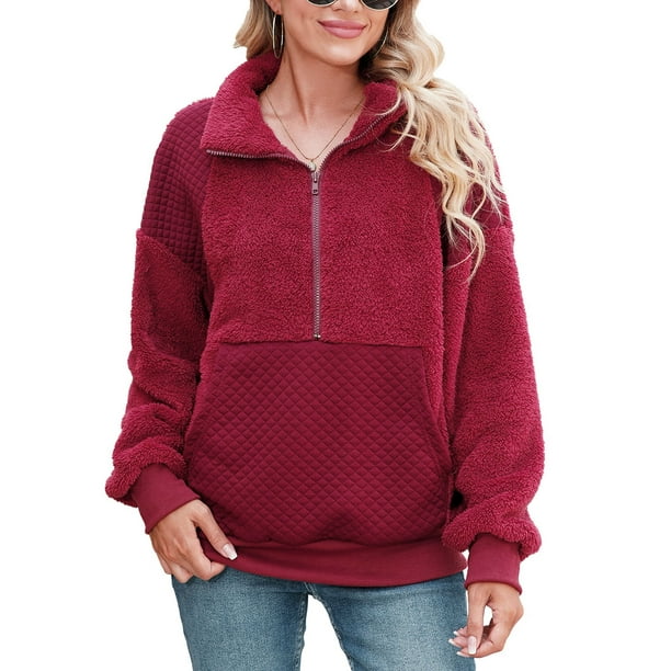 Sudadera con capucha roja para mujer, sudadera con cuello alto