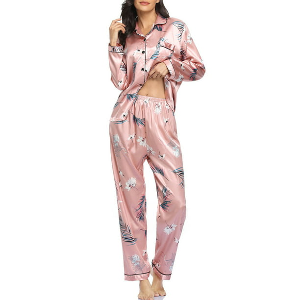 Conjunto de pijamas para mujer, manga larga, satén suave, cuello con  muescas, botones, pijamas, Irfora Pijamas Mujer