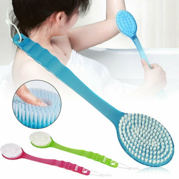 Cepillo corporal para baño o ducha, exfoliante para piel seca o húmeda,  mango largo de madera con esponja blanca