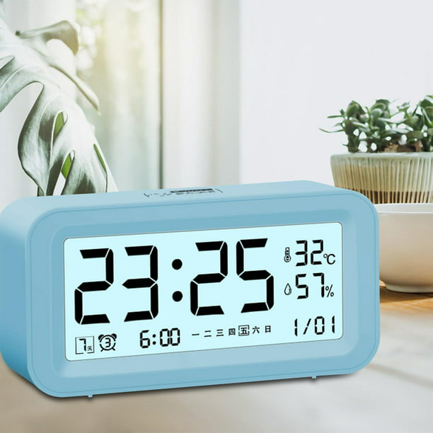 Reloj despertador digital con repetición con temperatura, humedad, fecha,  inteligente, luminoso, volumen ajustable, brillo para escritorio, oficina,  v , Azul BLESIY Despertador digital
