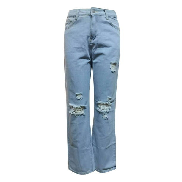 Pantalones Para Mujer Cintura Alta Temperamento Lavado Agujero Bolsillo  Pierna Ancha Casual Jeans Pantalones Odeerbi ODB122313