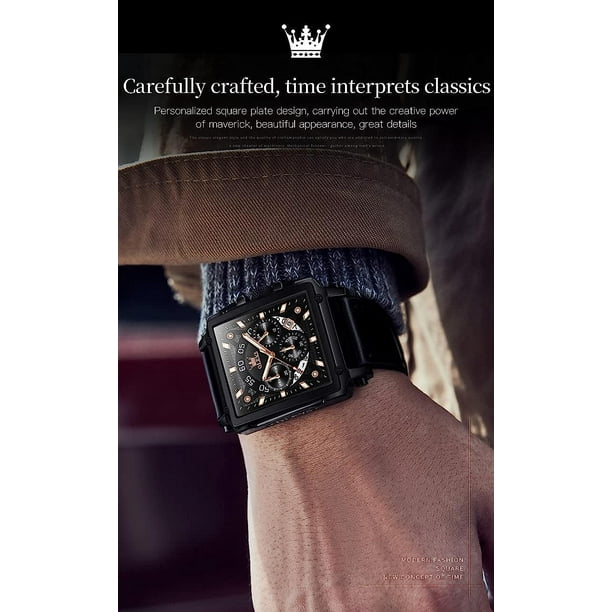Reloj para hombre Reloj cuadrado de moda 40 mm Geneve Caja mecánica de  acero inoxidable negro genuino y correa de cuero Reloj para hombre