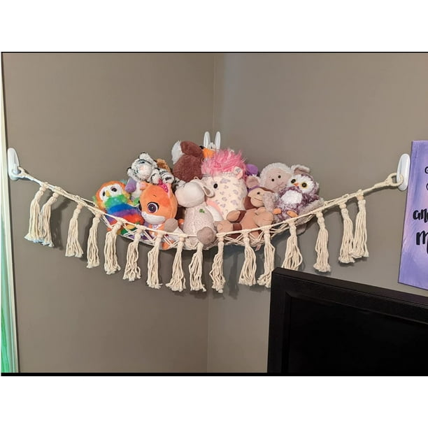 Hamaca de almacenamiento de juguetes de peluche con luz LED, organizador de  esquina de macramé para habitación de muñecas, decoración de malla, redes