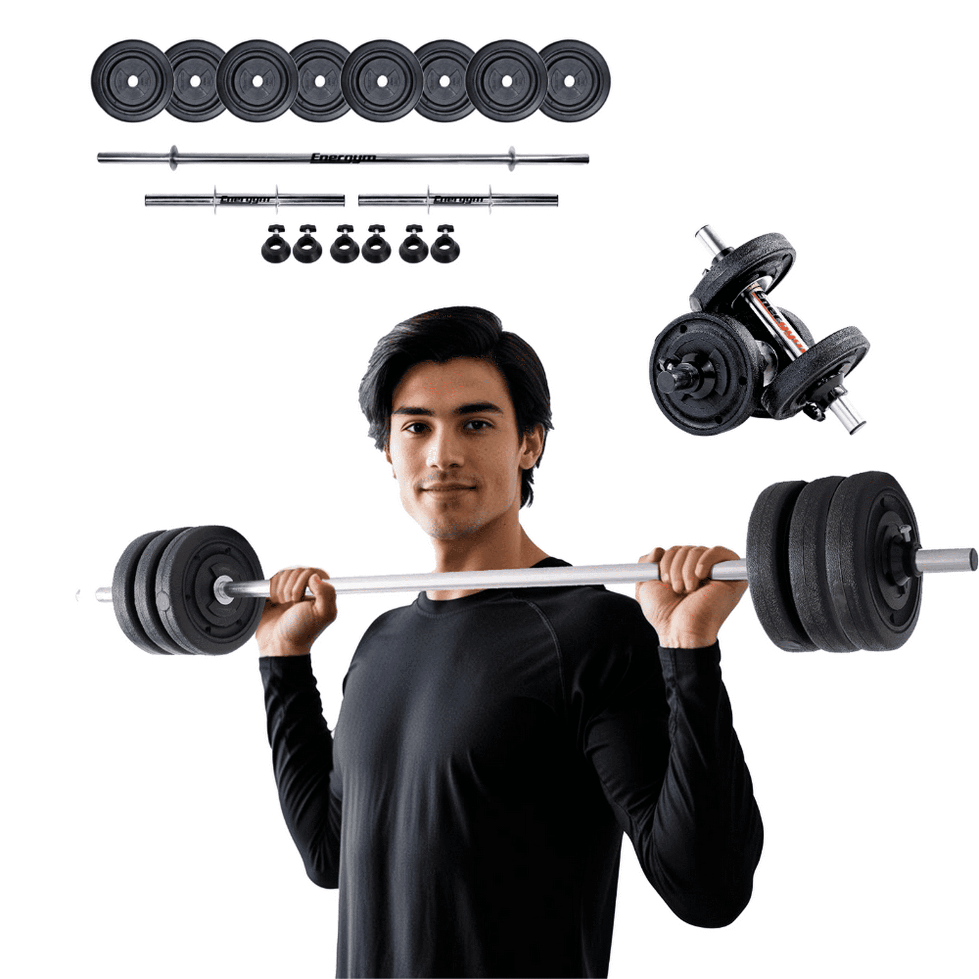 Kit de pesas, mancuernas y barra recta (16kg) - energym