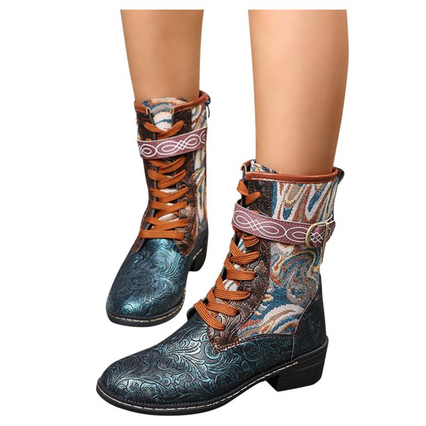 NECHOLOGY Botas Mujer Zapatos Botines para mujer Botines con cordones para mujer tacones de tubo medio puntera estampada bordada zapatos redondos