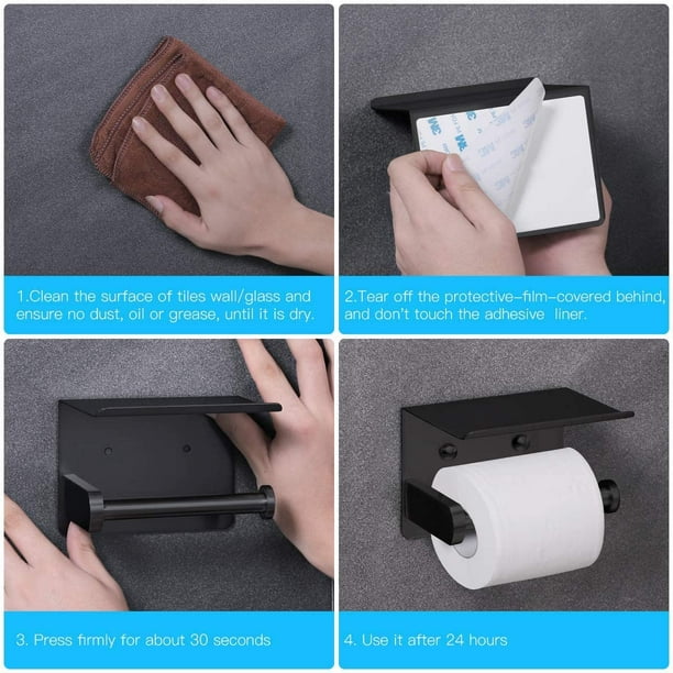Portarrollos de papel higiénico con estante Soporte de papel higiénico  adhesivo de madera para papel higiénico, soporte de pared sin taladrar para