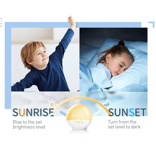Despertador con luz de amanecer para adultos y niños, simulación de amanecer,  ayuda para dormir, 4 alarmas, radio FM, repetición, 7 colores, 7 sonidos  naturales JM
