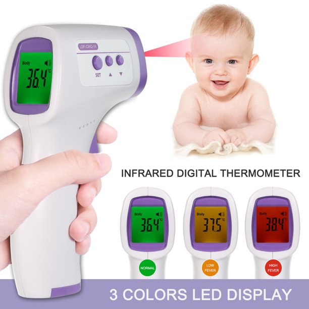 Termometro infrarrojos digital sin contacto. Pistola para frente para bebes  y adultos. Medición de temperatura rápida y precisa, alarma de fiebre.  Medición alimentos y superficies. 3 Colores : : Salud y cuidado