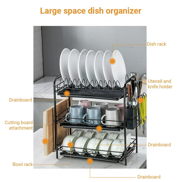 Estante para secar platos Estante para platos de 3 niveles de acero con  removible yeacher Escurridor de platos
