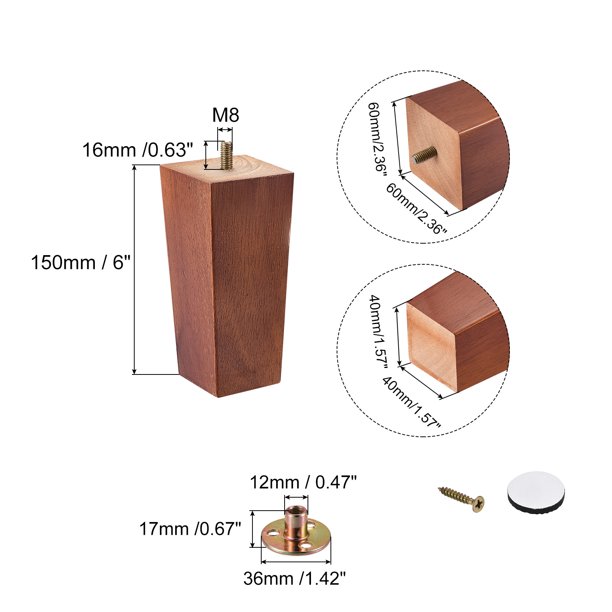 Muebles Patas, 4 Pulgadas(100mm) Juego de 4 Cuadrados Sólido Madera Sofá  Patas Silla Mesa Patas Sofá Soporte Repuesto Piezas, con Accesorios, Marrón  Unique Bargains patas de los muebles