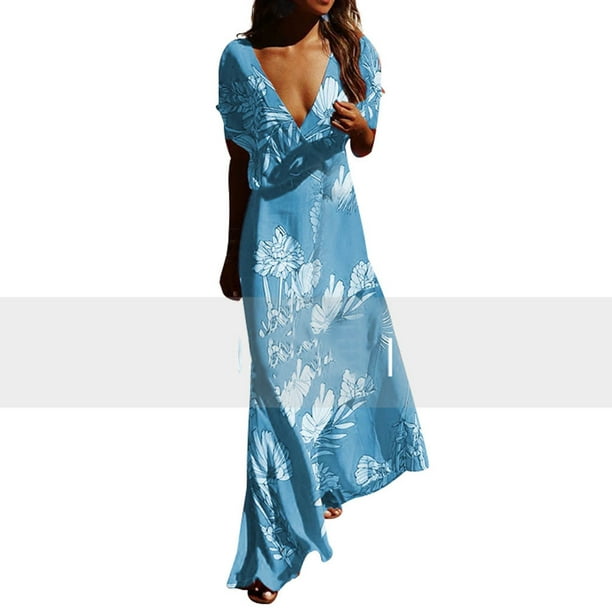 Vestido largo informal elegante y elegante con cuello en V y manga mujer, vestido largo informal de verano para mujer, vestidos de manga corta azul Adepaton HMJM066-5 | Walmart en