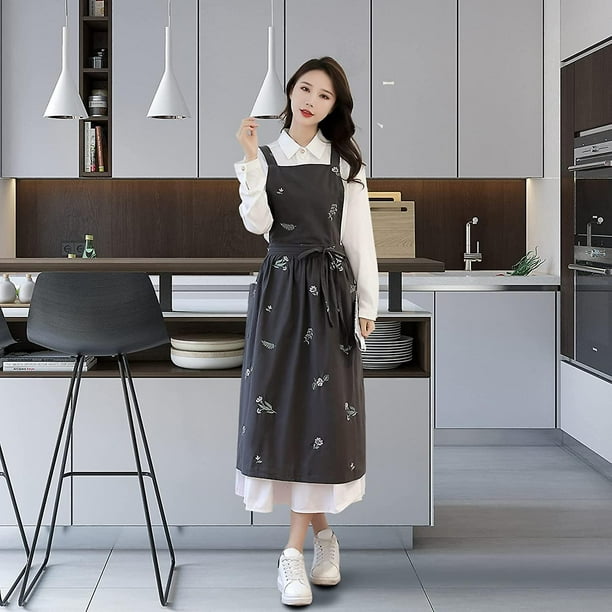 NLUS Delantal de algodón para mujer con bolsillos, delantal cruzado  trasero, delantal japonés, lindo delantal para cocinar jardinería
