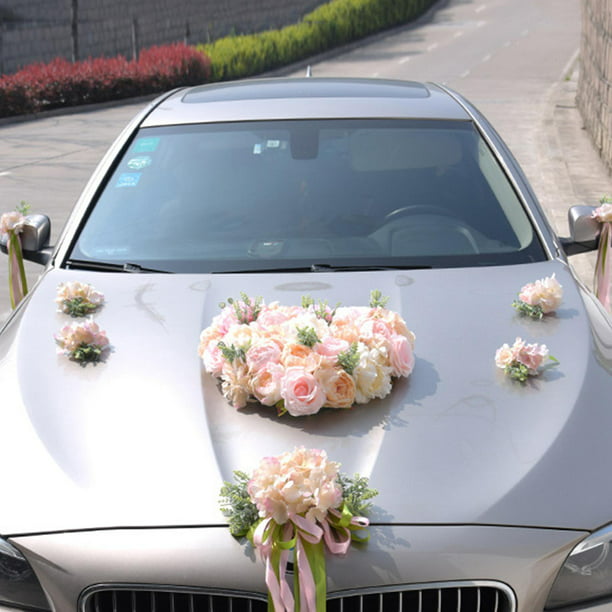 DIY boda coche flor artificial cinta y flor bola coche boda decoración  champán Colcomx Decoraciones de coches de boda
