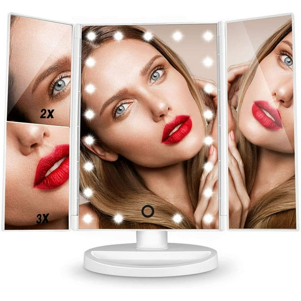 Espejo de maquillaje, espejo de maquillaje de 3 lados, espejo de mesa con  21 LED, plegable, regulabl Adepaton LN-0987
