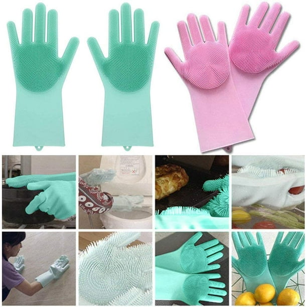 Guantes de esponja de limpieza, guantes para lavar platos, cepillo de limpieza reutilizable silic Sincero Hogar en línea