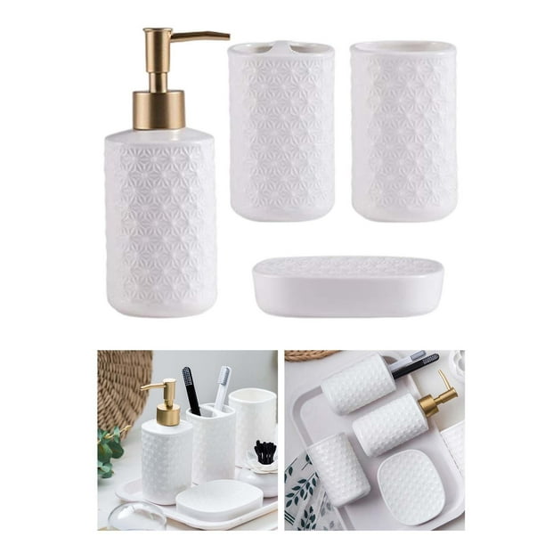 Accesorios de baño de cerámica Elegantes juegos de baño de 5 piezas 1  botella de jabón + 1 jabonera + 1 portacepillos + 2 tazas de color rosa y  blanco