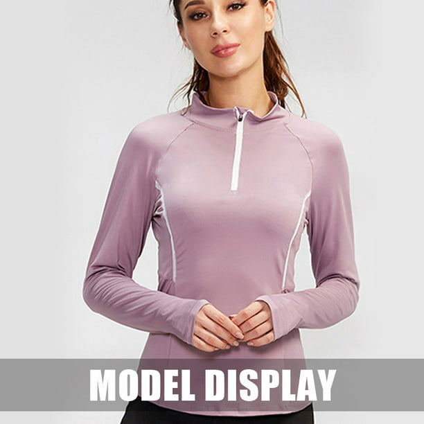 Traje deportivo de manga larga para mujer, traje de yoga para correr,  medias elásticas altas, suéter de cuello alto de secado rápido (rosa)  Zhivalor