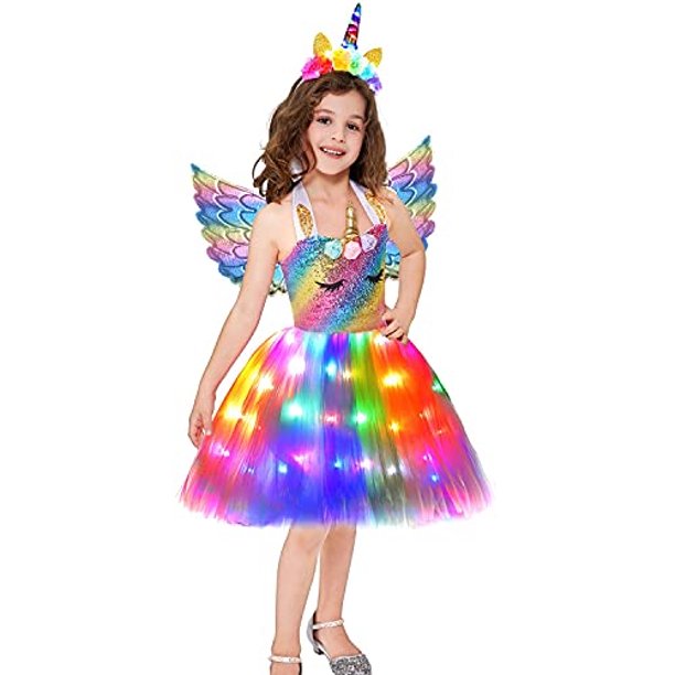 Disfraz de princesa de unicornio para niñas, disfraz de fiesta de  cumpleaños con luz LED, vestido de tutú de Halloween con diadema