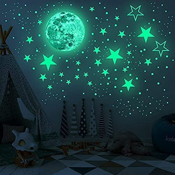 Estrellas que brillan en la oscuridad para techo, estrellas brillantes y  realistas y pegatinas de pared de luna llena para cielo estrellado, 407  calcomanías de pared adhesivas luminosas estrellas de techo para