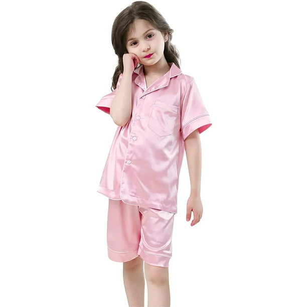 Comprar Conjuntos de pijamas de seda con botones para niñas y niños con  ropa de dormir de manga corta, conjuntos de salón de 2 piezas de 6 a 12 años