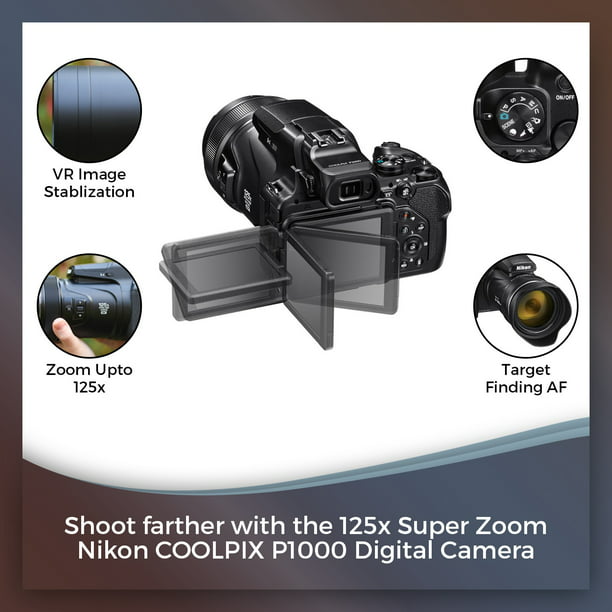  Nikon COOLPIX P1000 - Paquete de cámara digital (26522) +  tarjeta de memoria de alta velocidad de 64 GB + funda de hombro, trípode y  edición de foto/video y paquete de