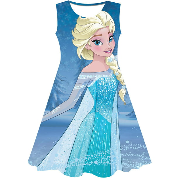 2023 nueva ropa de Elsa de Frozen de Disney para niños, falda bonita de verano, falda cuello redondo, vestido de princesa de Frozen estampado 6M Gao Jinjia LED